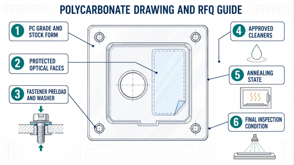 Polycarbonate drawing guide showing grade, protected faces, fastener preload, cleaners, annealing, and inspection state