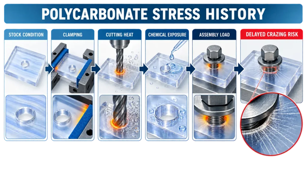 Polycarbonate stress history from stock and clamping through cutting heat, chemical exposure, assembly load, and delayed crazing