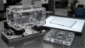 CNC-machined clear polycarbonate housing, window, and drilled plate on a backlit inspection bench