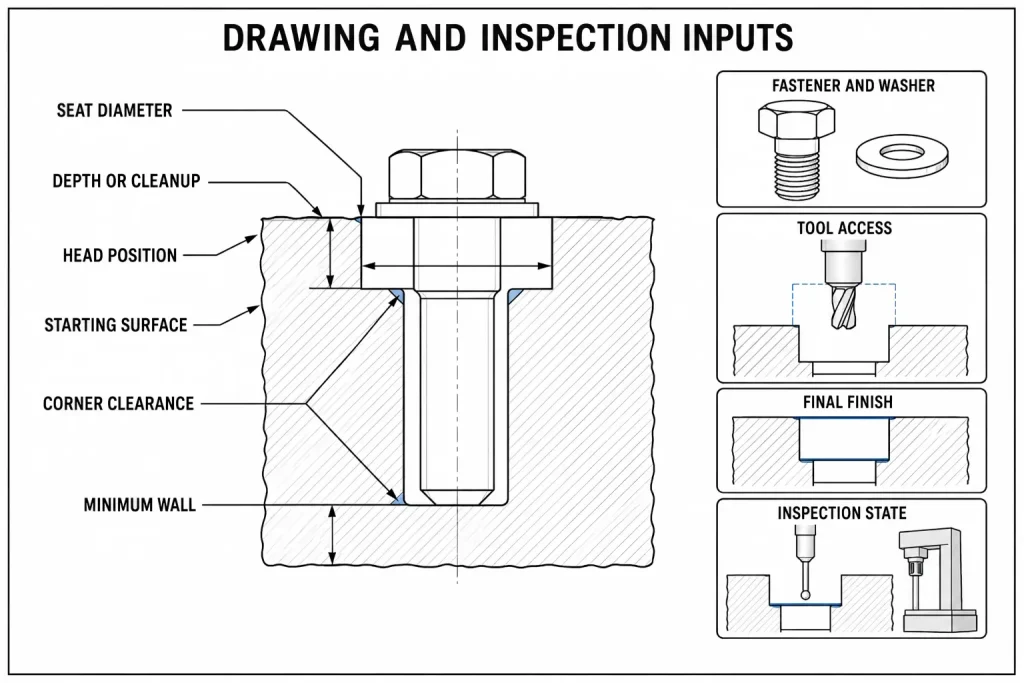 Spotface and counterbore drawing guide showing fastener selection, tool access, seat diameter, depth, wall thickness, finish, and inspection