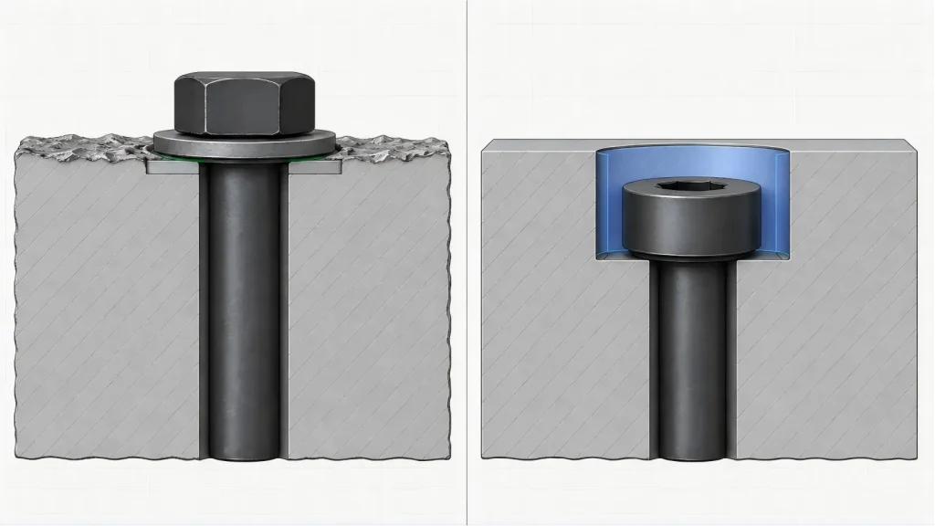 Cross-section comparison of a washer on a shallow spotface and a recessed socket-head screw seated in a counterbore