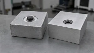 Spotface with a washer and bolt beside a counterbore with a recessed screw head on an inspection bench