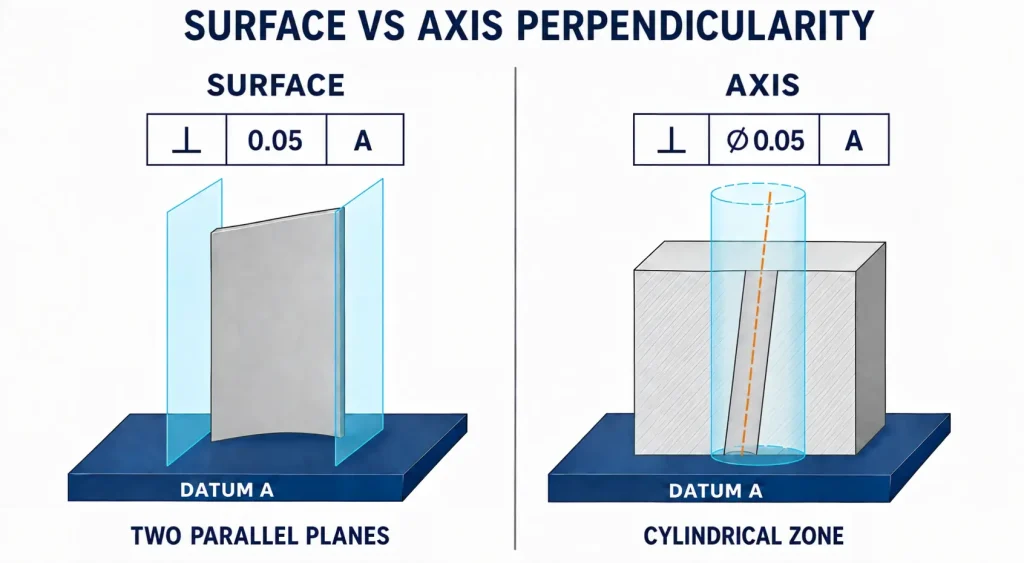 Surface perpendicularity between parallel planes and axis perpendicularity within a cylindrical zone relative to datum A