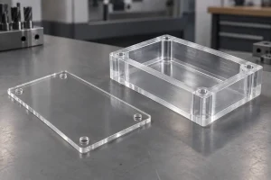 Clear acrylic cover and CNC-machined polycarbonate housing with mounting holes and a recessed pocket on an inspection bench