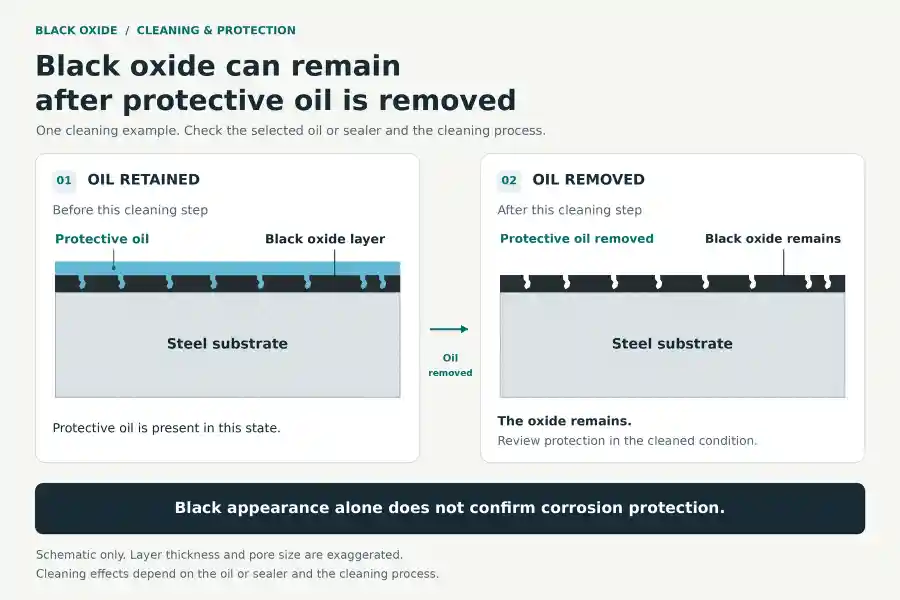 Cross-section comparison of black oxide on steel with protective oil retained and removed, showing the oxide layer remaining after cleaning