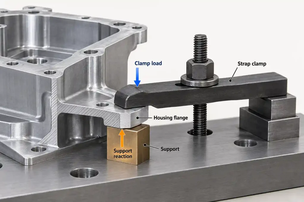 Cutaway illustration showing a strap clamp pressing a housing flange onto a support, with arrows indicating clamp load and support reaction.