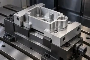 铣削虎钳上的定制软钳口中固定的机加工铝外壳的插图.