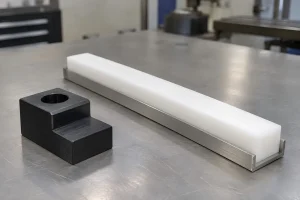 Black Delrin locating block beside a white UHMW wear strip supported by an aluminum rail