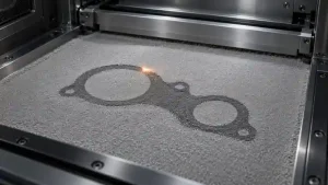 Illustration of laser powder bed fusion showing a metal part cross-section in a powder bed and a recoater parked behind it.