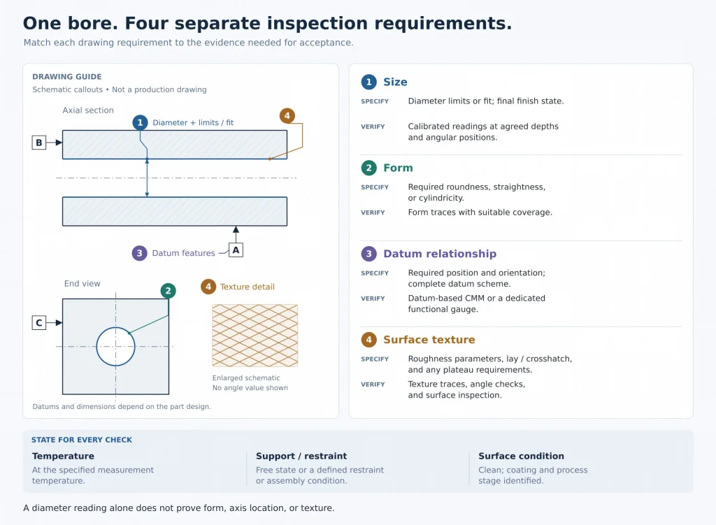 Honed bore drawing guide showing size, form, datums, surface texture, and the corresponding inspection methods and conditions