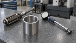 Rigid honing head, metal sleeve with a crosshatched bore, and dial bore gauge on an inspection bench