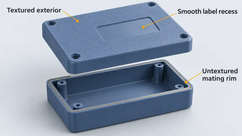 Exploded illustration of a plastic enclosure showing the textured exterior, smooth label recess, and untextured mating rim.