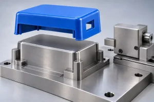 Illustration of a blue plastic housing lifted above a steel mold core beside a retracted side core.
