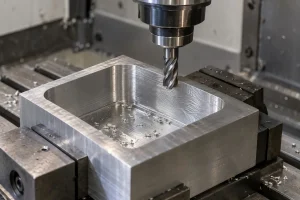 End mill above a metal pocket with wavy marks on the inner wall and the workpiece held in a machine vise