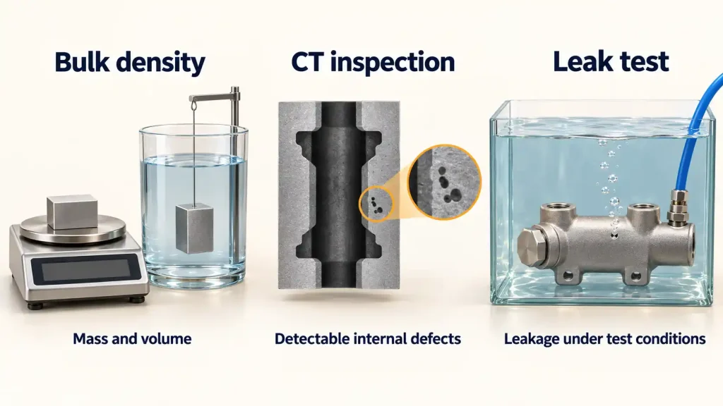 Illustration comparing density measurement, a simulated CT defect view, and bubble leak testing of a metal component.