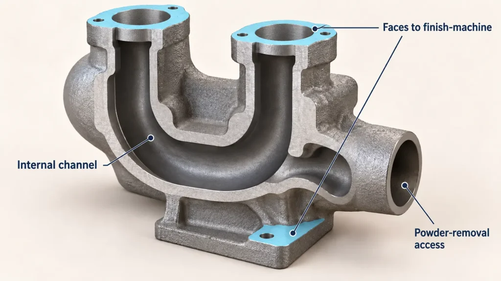 Cutaway illustration of a metal manifold showing a curved internal channel, powder-removal access, and blue-highlighted faces requiring finish machining.
