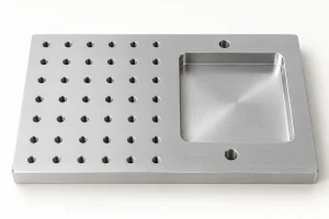 Illustration of an aluminum fixture plate with a hole grid and a machined pocket.