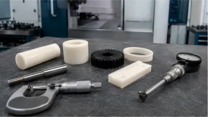 CNC machined nylon bushing, gear, thin-wall ring, and guide block beside inspection tools and a steel mating shaft