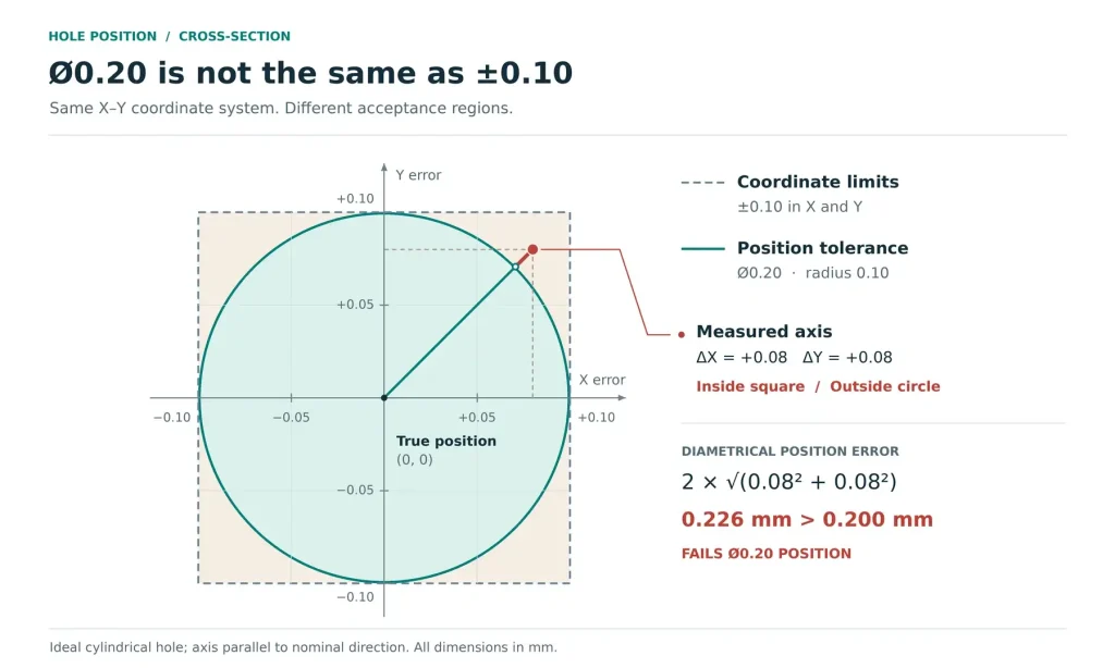 Diagram showing an offset of 0.08 mm in both X and Y outside a 0.20 mm diameter position tolerance zone.