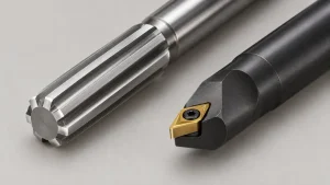 Close-up illustration of a straight-flute reamer beside a single-point boring bar with a carbide insert.