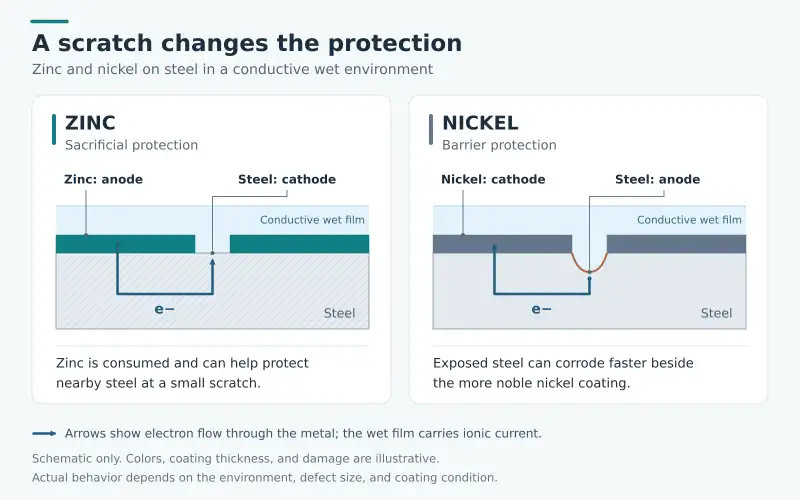 Cross sections comparing scratched zinc and nickel coatings on steel under a wet film, with electron-flow arrows.
