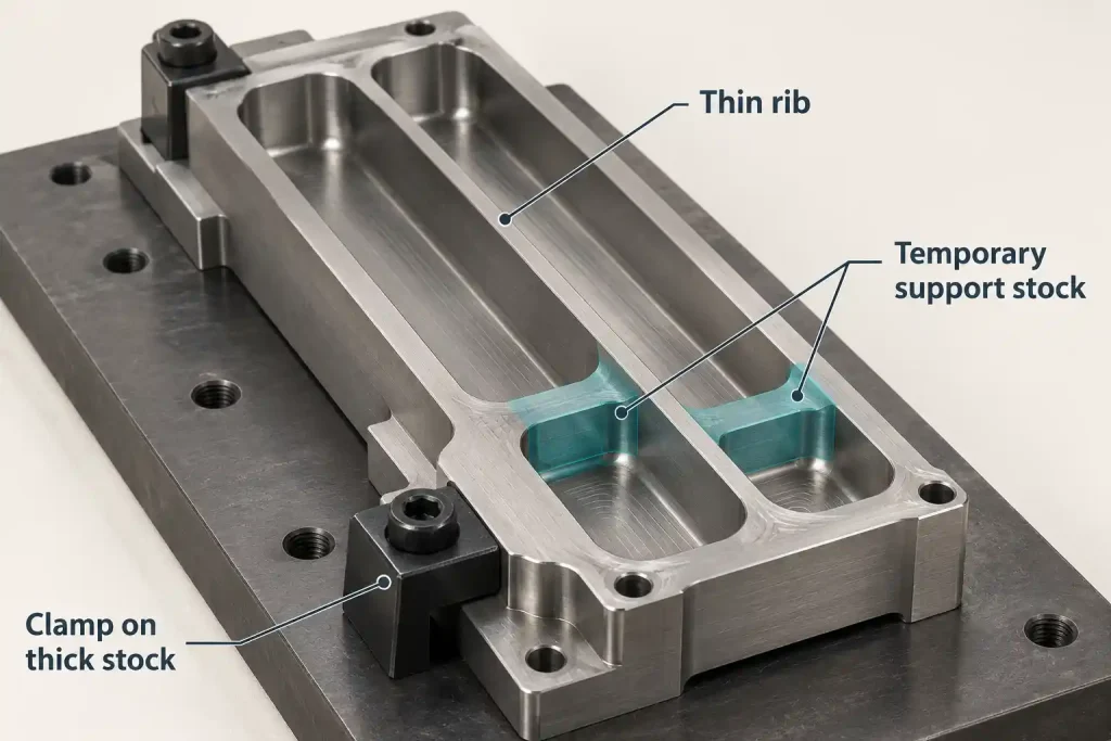 Illustration of a titanium bracket with a thin central rib, highlighted temporary support stock, and clamps on thick outer areas.