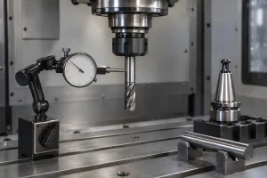 Dial indicator checking radial runout on an end mill shank, with a spare tool holder and precision test bar nearby