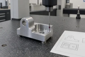 CMM probe checking an aluminum part with a raised lug and internal pocket on a granite inspection table