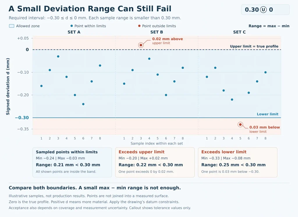 Signed surface deviation plot showing three sample sets and points above and below the allowed unilateral profile tolerance zone