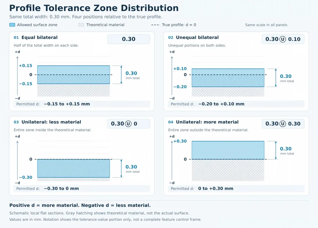 Four 0.30 mm profile tolerance zones comparing equal bilateral, unequal bilateral, and unilateral distributions relative to the true profile