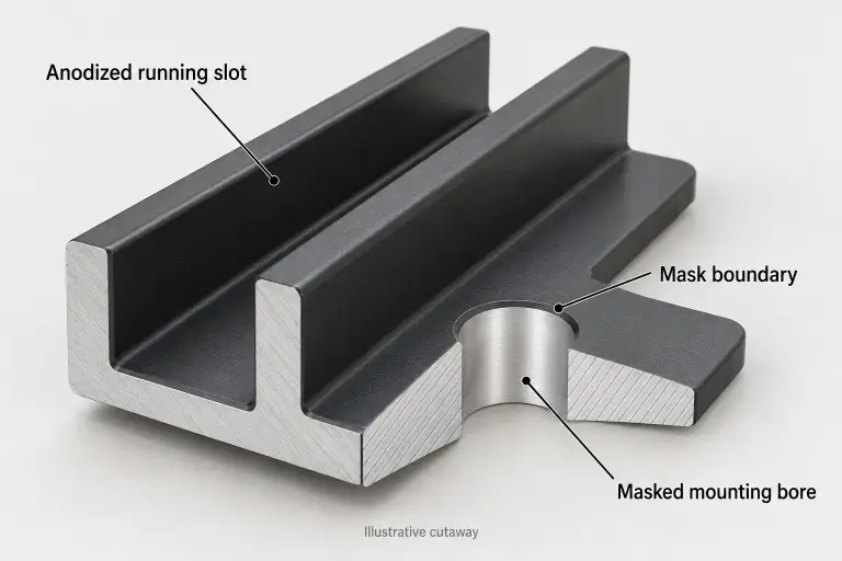 Cutaway illustration of an anodized aluminum guide showing a coated running slot, an uncoated masked mounting bore, and the mask boundary at the bore opening.