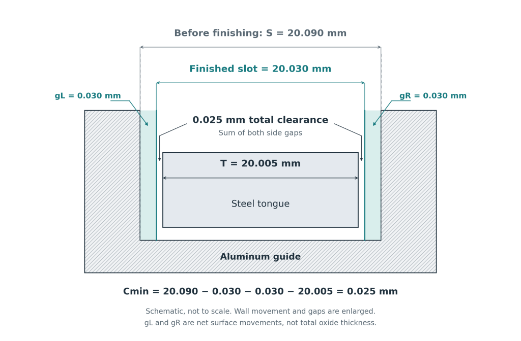Cross-section diagram showing a 20.030 mm finished guide slot and a 20.005 mm steel tongue, leaving 0.025 mm total side clearance.