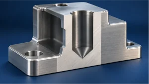 Cutaway illustration of a machined housing showing a blind bore with a conical bottom and solid metal beneath it.