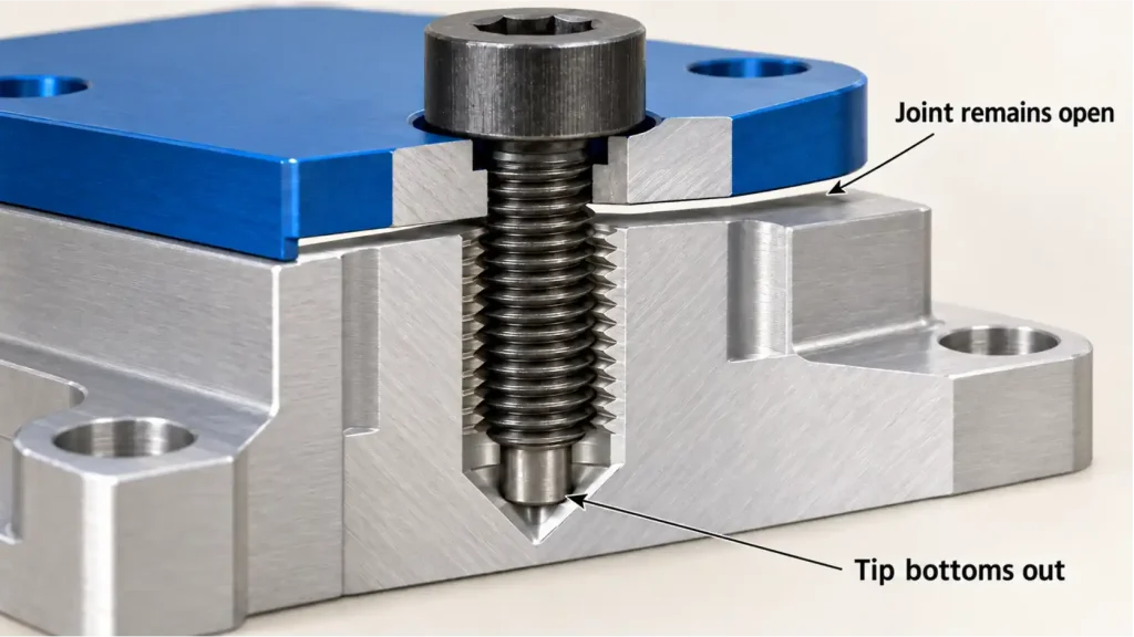 Cutaway illustration showing a screw’s reduced tip bottoming in a blind hole while the cover-to-housing joint remains open.