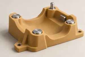 Illustration of a polymer assembly nest with a contoured cradle and separate metal locating contacts.