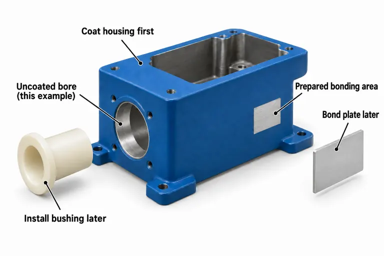 Exploded illustration of a blue-coated housing with a separate polymer bushing, a blank identification plate, and exposed fit and bonding surfaces.