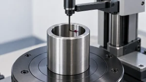 Illustration of a precision sleeve on a form-measuring instrument with a stylus contacting its bore.