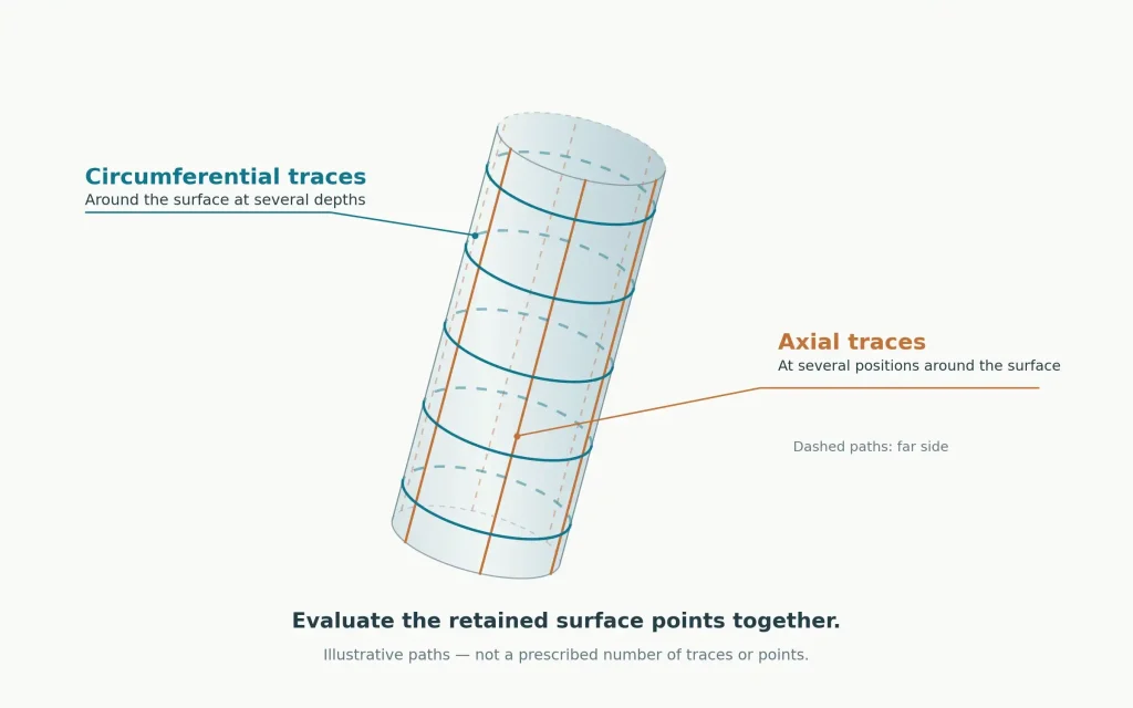 Diagram showing circumferential and axial measurement paths on a cylindrical surface, with dashed lines indicating far-side paths.