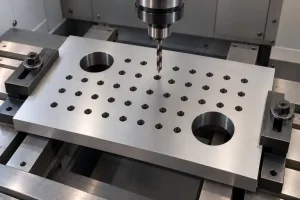 Illustration of a twist drill above a clamped metal plate with a pattern of small holes and two larger openings.