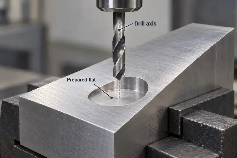 Illustration of a twist drill above a recessed flat machined into an inclined metal surface, with the drill axis marked.
