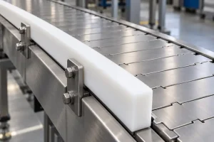 Illustration of a white polyethylene side guide rail mounted beside a stainless-steel slat conveyor.