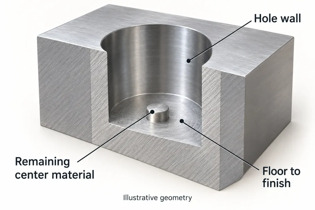 Cutaway illustration of a blind milled hole with raised material remaining at the center of its floor.