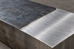 Illustration of a steel blank with dark mill scale beside a freshly milled surface.
