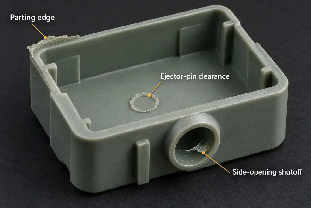 Illustration of a molded plastic housing with flash marked at the parting edge, side-opening shutoff, and ejector-pin location.