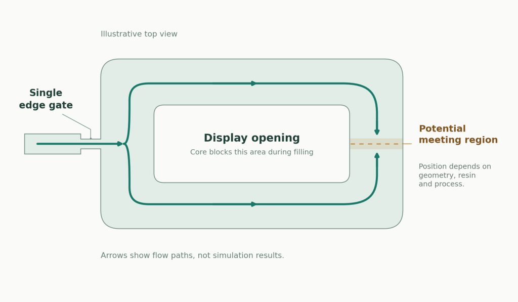 Schematic of melt flow splitting around a bezel opening from a single edge gate, with a potential downstream meeting region.