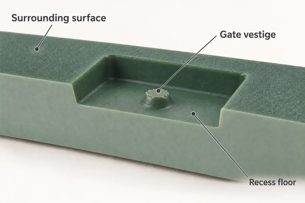 Cutaway illustration of a gate vestige contained within a recess below the surrounding plastic surface.