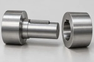 Illustration of a stepped shaft with a seated parallel key aligned with the internal keyway of a separate hub.