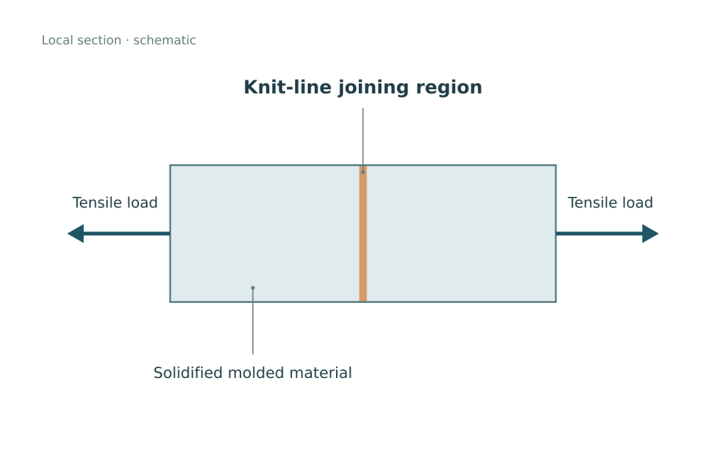 Schematic of opposing tensile loads acting perpendicular to a knit-line joining region in solidified molded plastic.