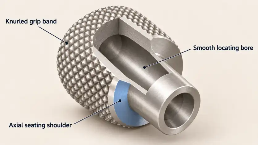 Cutaway illustration of a knurled adjustment knob showing its grip band, smooth locating bore, and blue-highlighted axial seating shoulder.