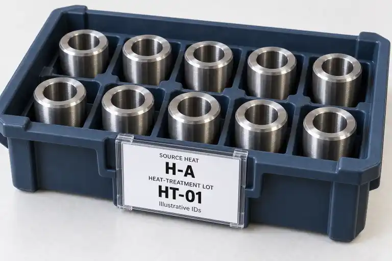 Illustration of machined steel spacers in a tray labeled with source heat H-A and heat-treatment lot HT-01.